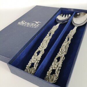 Seagull Pewter Canada Serving Set Fork and Spoon Vintage 1992 Grapevine Pattern